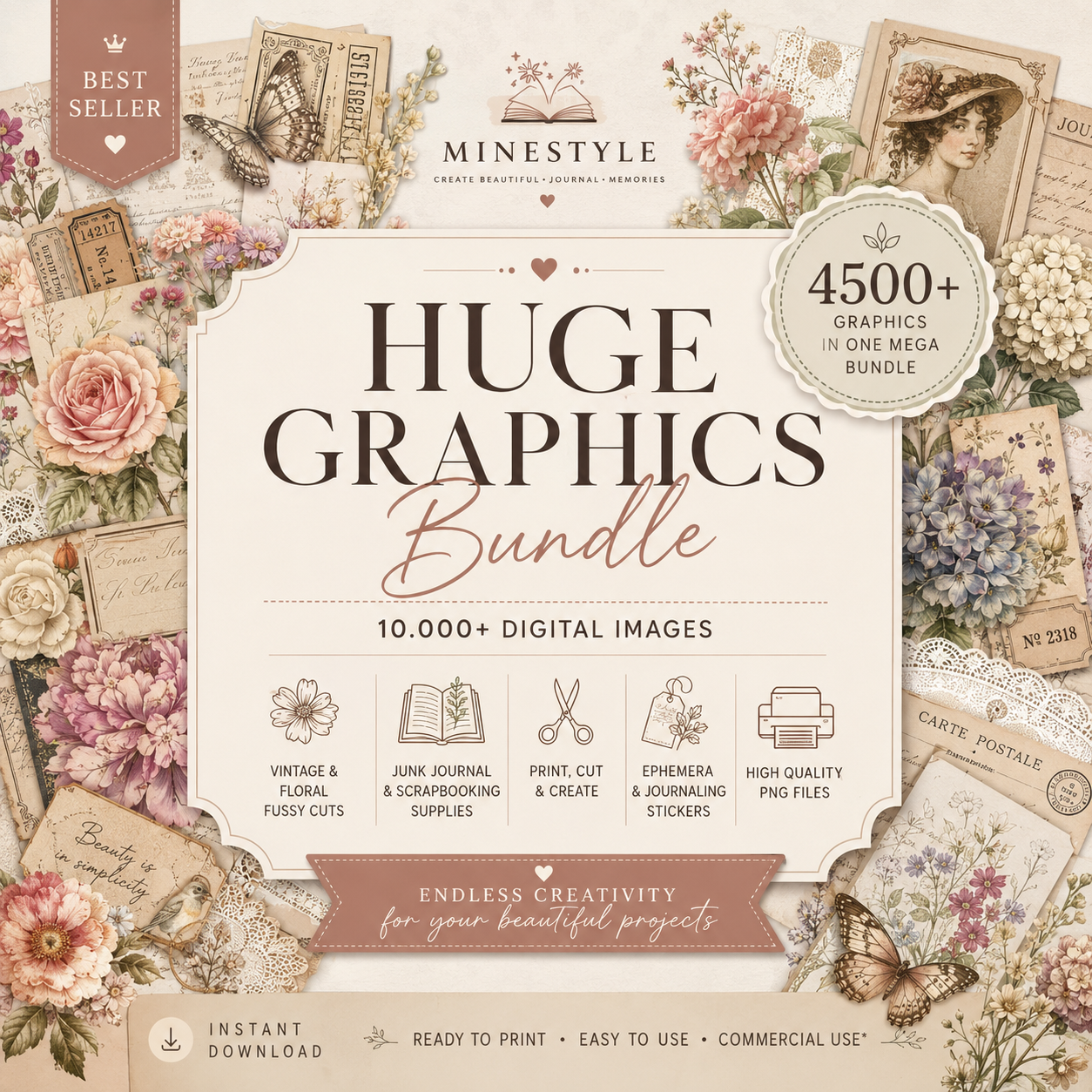 10,000+ Digital Paper & Graphics Bundle – Junk Journal, Scrapbooking, Clipart & Seamless Patterns