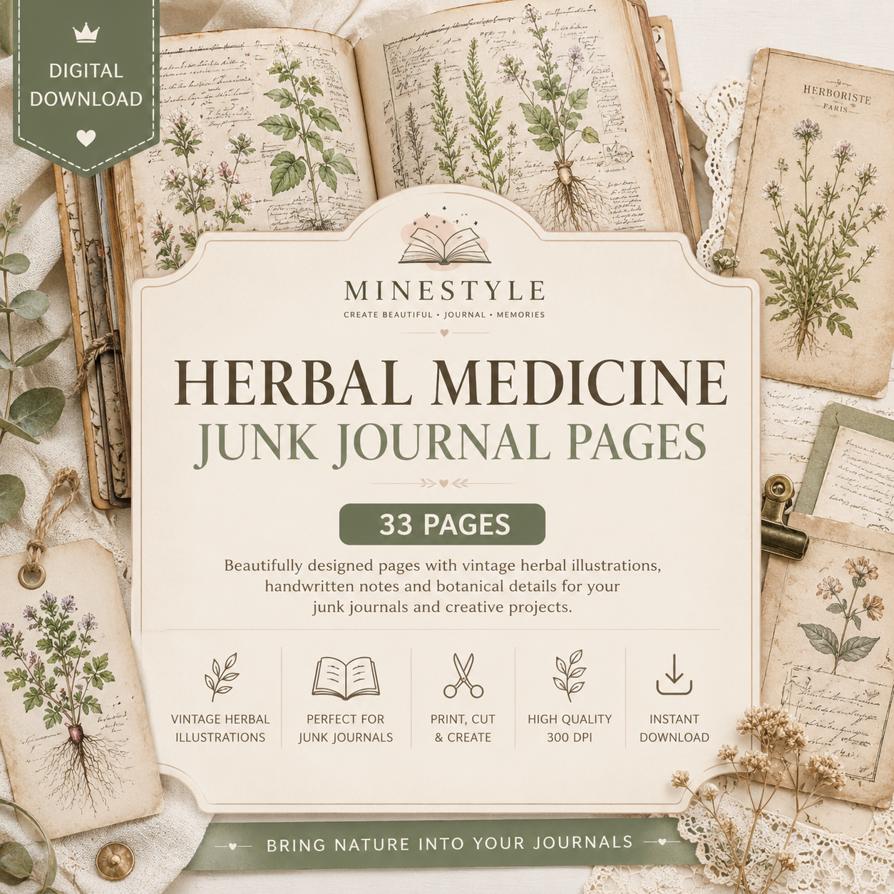 Herbal Medicine Junk Journal Pages 33 Botanical Vintage Printable Pages