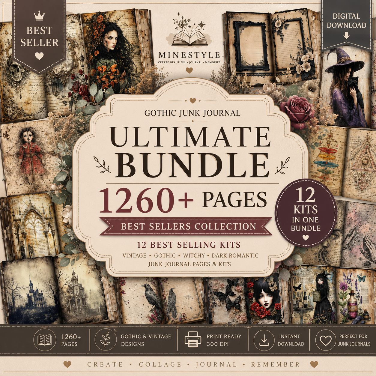 Ultimate Gothic Junk Journal Bundle 1260+ Printable Pages & 16 Complete Gothic Kits