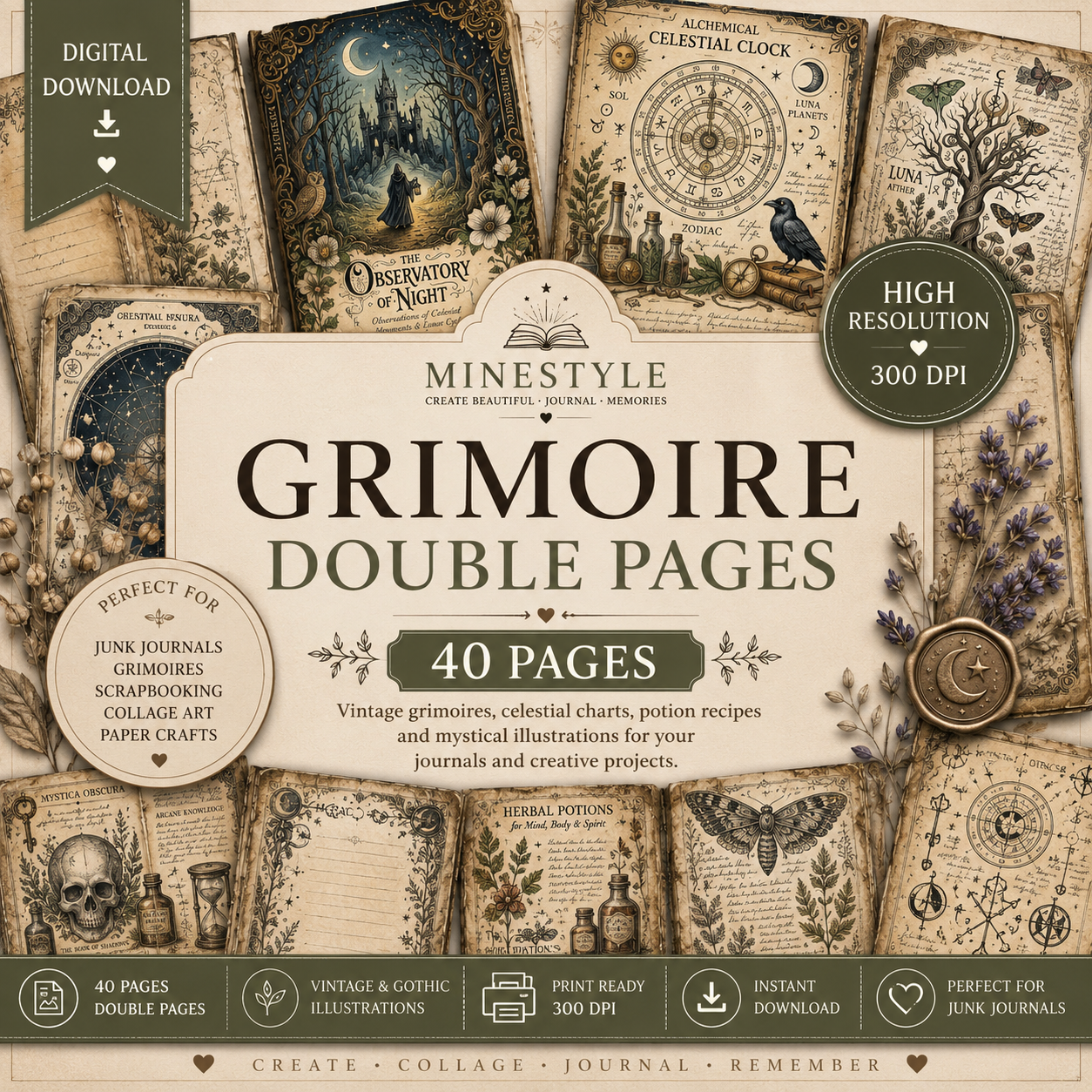 Dark Academia Grimoire Double Pages  40 Vintage Printable Journal Spreads