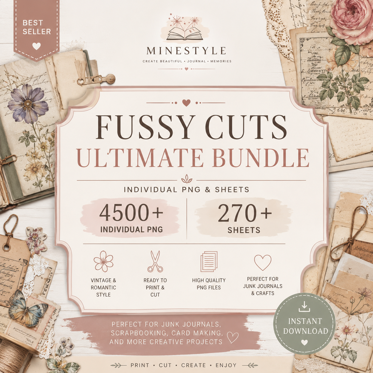 4500+ Vintage Fussy Cuts Bundle – Floral Ephemera, Junk Journal & Scrapbooking Printables